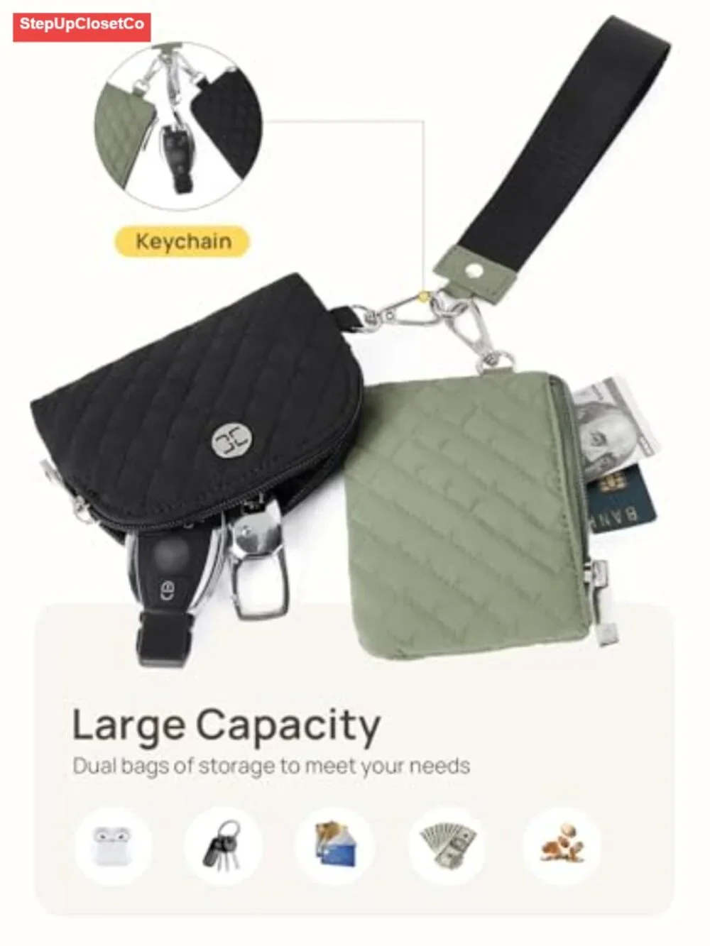 Women's Canvas Zip Around Wristlet Wallet with Keychain, Dual Pouch Coin Purse